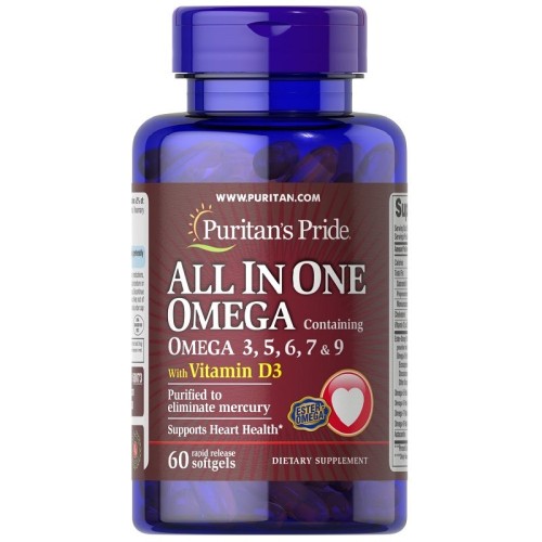 Puritans Pride All In One Omega 3, 5, 6, 7,9 with Vitamin D3, 60 Softgels